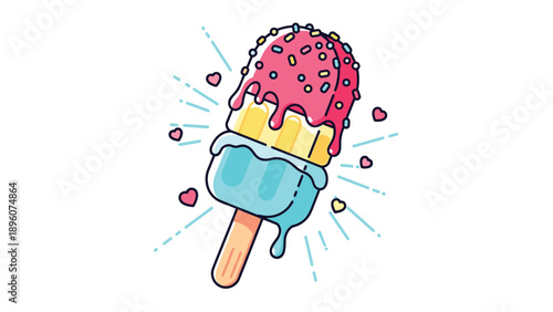 Delicious three-flavored ice cream popsicle on a stick decorated with colorful sprinkles and tiny pink hearts on white background.