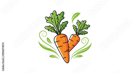 Vibrant illustration of two fresh orange carrots with lush green leafy tops and artistic green swirls and leaves.