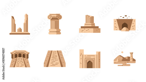Ancient architecture icons set featuring classic column ruins and historical sites