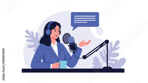Professional woman podcaster recording an episode in a studio with a microphone, headphones, and a message bubble illustration.