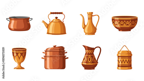 Traditional ceramic pottery collection with various kitchenware in flat style