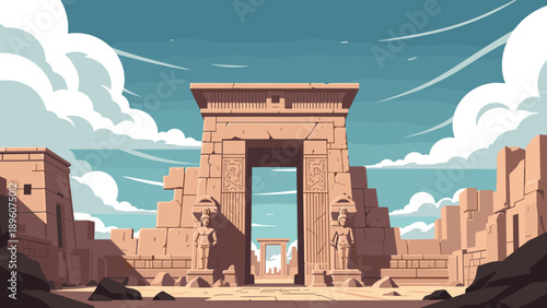 Ancient egyptian architecture design with majestic temple ruins and dramatic sky