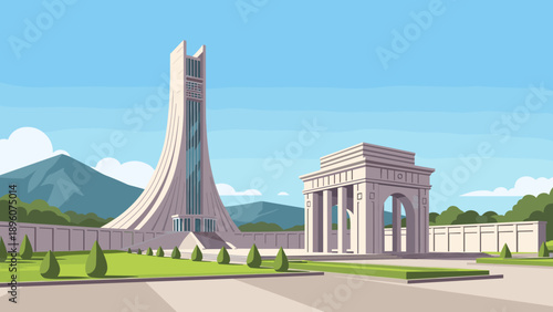 Modern urban landscape featuring monument and arch in flat design style