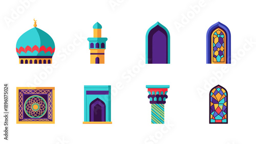 Colorful mosque elements set: domes, arches, and stained glass icons