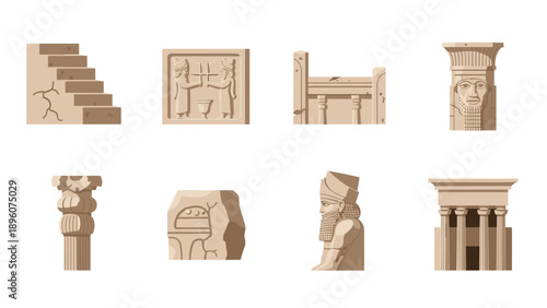 Ancient mesopotamian architecture icons set in flat design