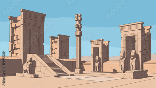Ancient ruins with stone pillars and statues in desert landscape