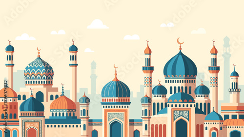 Colorful flat urban skyline with islamic architecture and majestic mosques