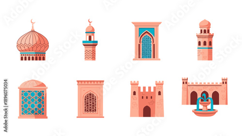 Islamic architecture icons: dome, minaret, arch, gate, and fountain in flat style