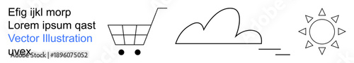 E-commerce, online shopping, cloud storage, climate analysis, web design, digital services. Minimalist icons of a shopping cart, a cloud and a sun. E-commerce and cloud storage concepts
