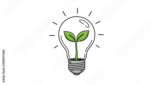 Conceptual illustration of a clear light bulb containing a young green plant sprout, symbolizing green energy and sustainable ideas.