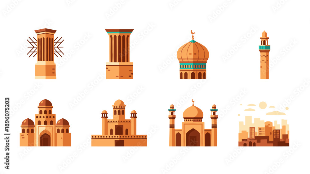 Fototapeta premium Collection of middle eastern architectural icons in flat style