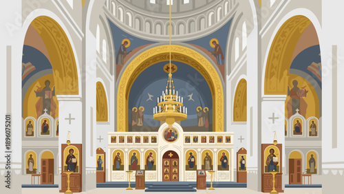 Ornate byzantine church interior with iconography and architecture