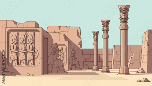 Ancient architecture with bas reliefs and columns in desert landscape