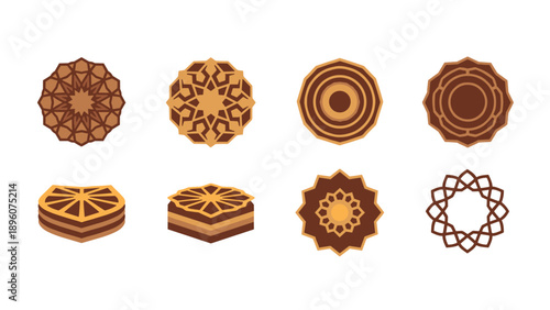 Flat coffee brown cookie shapes with geometric patterns