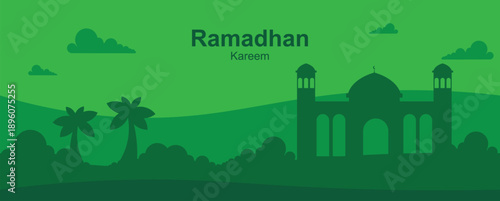 Minimalist Ramadan illustration featuring Islamic elements, mosque silhouettes. Suitable for banners, social media, posters, and festive backgrounds.