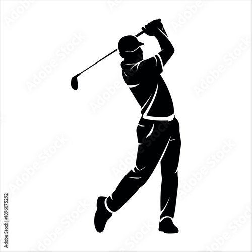 A silhouette of a golfer in action, swinging a club on a golf course, Vector
