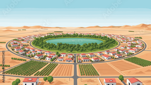 Oasis community in desert landscape with circular lake and houses