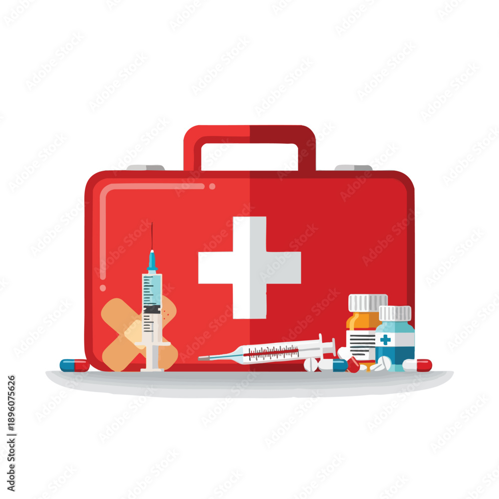 Obraz premium Red First Aid Kit with Medical Supplies