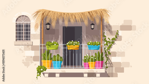 Cozy mediterranean balcony with potted plants and wicker roof in flat art style