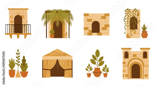 Mediterranean architecture and foliage collection in minimalist style