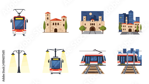 Urban tram and cityscape icons with historic and modern buildings in flat design
