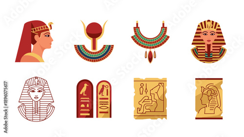 Ancient egyptian elements: hieroglyphs and symbols in flat design