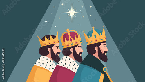 Colorful flat design of three kings following guiding star