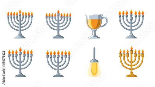Hanukkah candles and symbols in flat style with menorah and dreidel