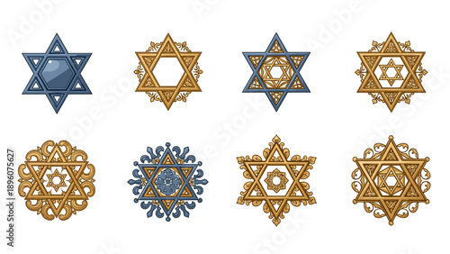 Set of ornamental star designs with geometric and decorative patterns