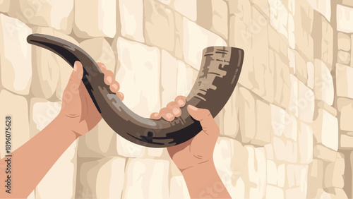 Hands holding shofar at stone wall: traditional jewish symbol in flat style