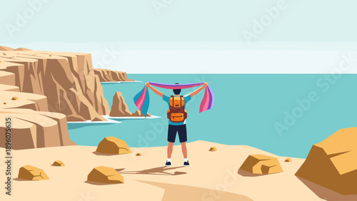 Adventurer holding flag on clifftop overlooking ocean in flat design landscape