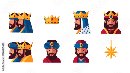 Three kings clip art: traditional royalty icons with crowns and star