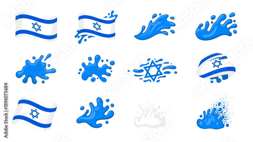Israeli flag and water splash icons set: bold blue and white graphic elements