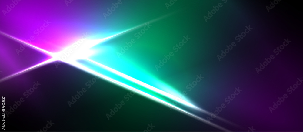 Obraz premium Bright light streaks across dark background. Vivid purple, green hues blend, creating dynamic visual effect. Intense glow dominates composition.