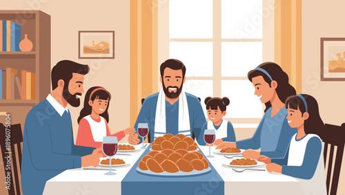 Family enjoying shabbat dinner together in a cozy dining room setting