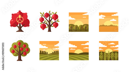 Colorful pomegranate trees and scenic sunsets against a vibrant orange sky