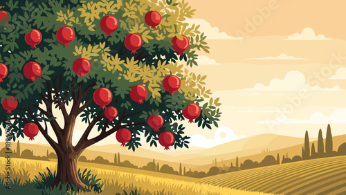 Scenic countryside landscape with lush pomegranate tree at sunset