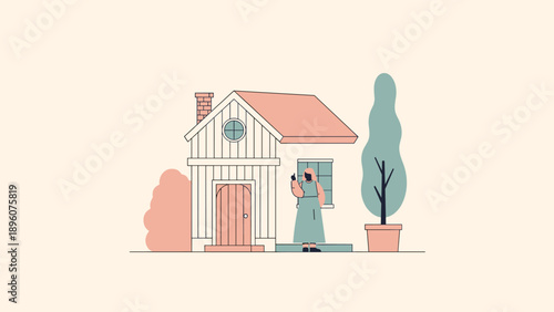 Charming cottage with woman taking photos in minimalist style