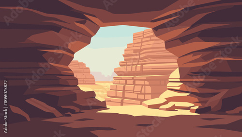 Scenic desert canyon view from inside a rocky cave