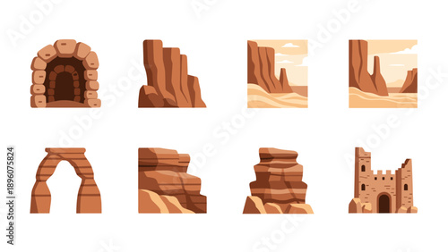 Desert rock formations and structures in flat design style