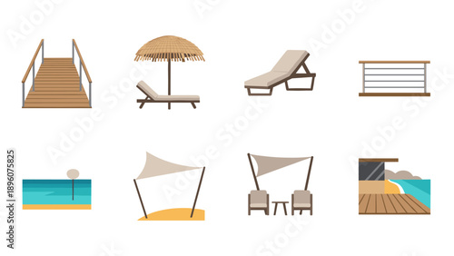 Stylish beach elements collection with lounge chairs and umbrellas