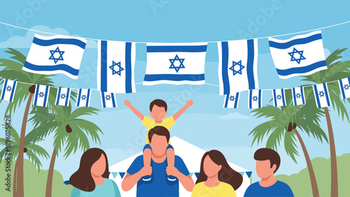 Celebrating with family under flags on a bright sunny day