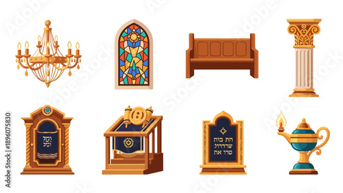 Antique objects collection: stained glass, chandelier, ancient artifacts, and cultural monuments