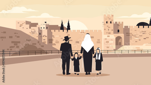 Family visiting historic wall in flat style urban landscape