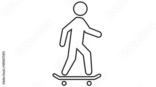 Skateboard figure with simple black outline, standing on a skateboard deck with wheels, minimalist design, easy to recognize silhouette, suitable for icons or graphic resources