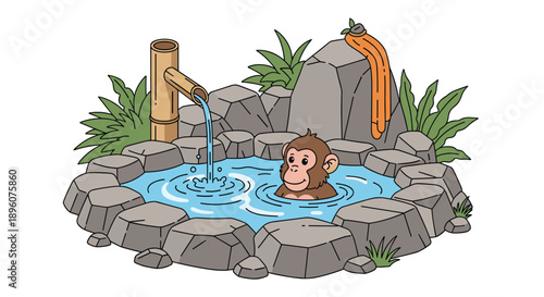Small monkey enjoys a relaxing bath in a stone hot spring with a bamboo water pipe and a towel resting on a rock.