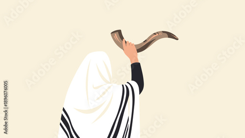 Person blowing shofar with traditional shawl on neutral background