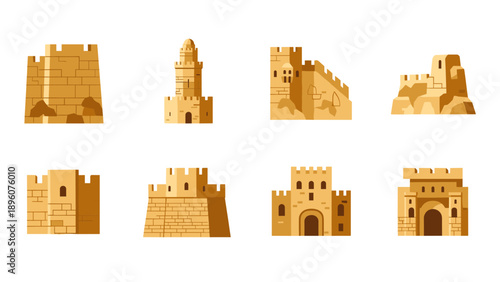 Flat medieval castles and fortresses set in earth tones