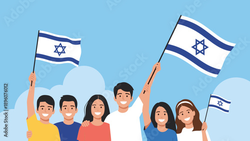 Group of smiling people holding flags on a blue sky background