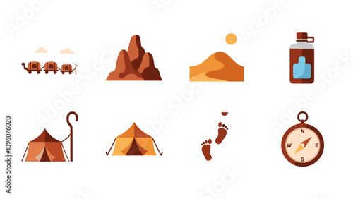 Colorful camping and adventure icons featuring tents, mountains, and compass